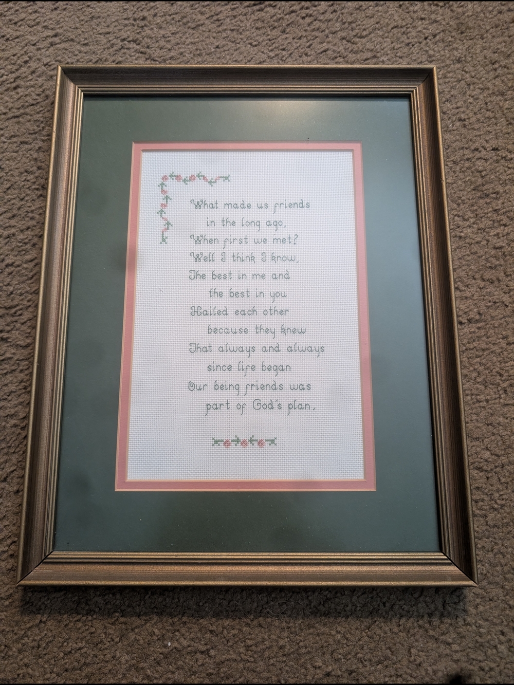 Framed Cross-Stitch Friendship Poem in Green and Pink Mat
